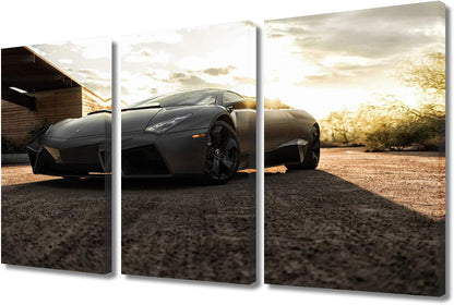TUMOVO 3 Pieces Black Sport Car in Sunnet Posters Canvas Framed Wall Art Racing Cars Pictures Printed on Canvas Painting Artwork for Living Room Bedroom Interior Decoration - 12 x 24 inch x 3 Panels