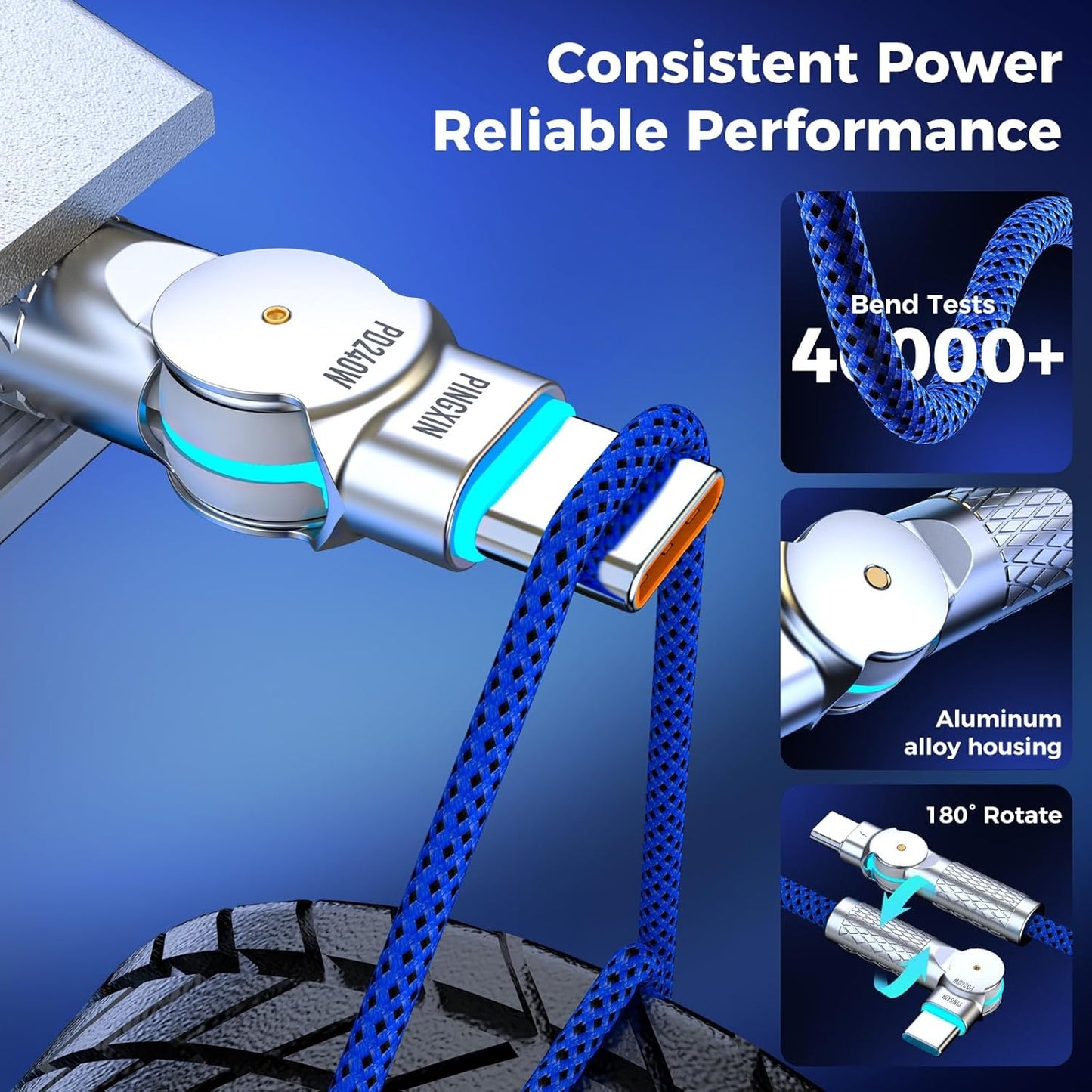 USB C to USB C Cable 6.6ft,240W 2-Pack Braided 180°Rotating Type C Charging CableFast Charge for iPhone 15/16/16Pro/16Plus/16ProMax,MacBook Air,iPad Pro,Pixel,Samsung Galaxy S23/S24 Ultra-Blue