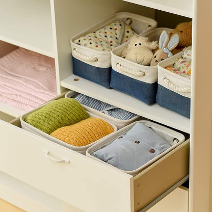 TcaFmac Organization and Storage Cubes - 12x8x5.2 inch Small 6 Pack Collapsible Storage Bins for Sheves, Fabric Storage Basket for Gifts Empty for Closet Cloth Toy Kids Books(White & Jean Blue)