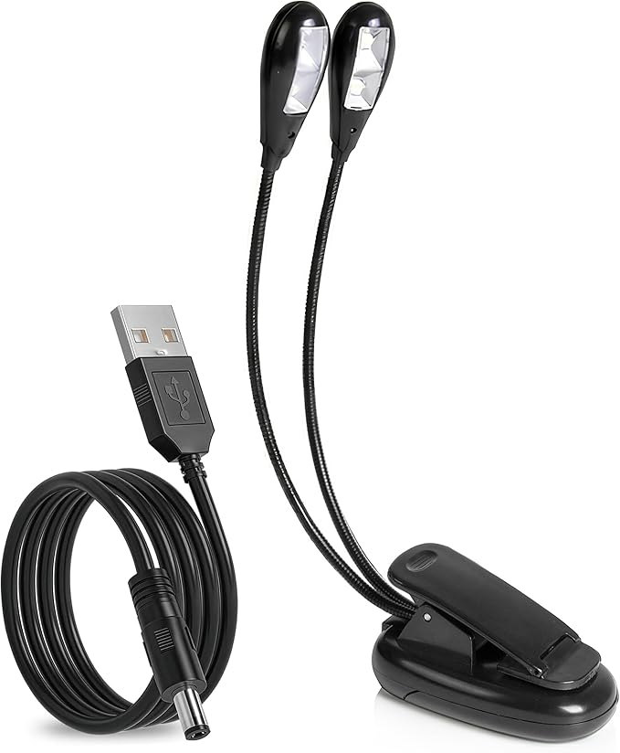 Pyle Clip On Desk Lamp with Gooseneck, Dual LED Adjustable Clip On Desk Lamp Light with USB or Battery Power, Brightness Control, Suitable for Desks, Tables, Lecterns, and Reading