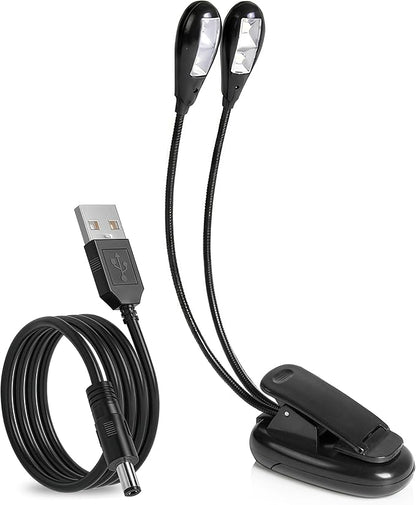 Pyle Clip On Desk Lamp with Gooseneck, Dual LED Adjustable Clip On Desk Lamp Light with USB or Battery Power, Brightness Control, Suitable for Desks, Tables, Lecterns, and Reading