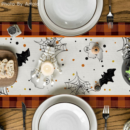 Artoid Mode Orange Black Buffalo Plaid Gnome Bat Pumpkin Ghost Halloween Table Runner, Sensonal Kitchen Dining Table Decor for Home Party 13 x 72 Inch