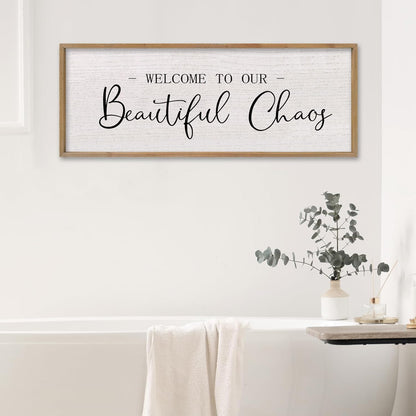 comurdyo Welcome To Our Beautiful Chaos Wall Decor Art 32"X12" for Home Entryway Sign Large Wood Framed Wall Hanging (Wood)