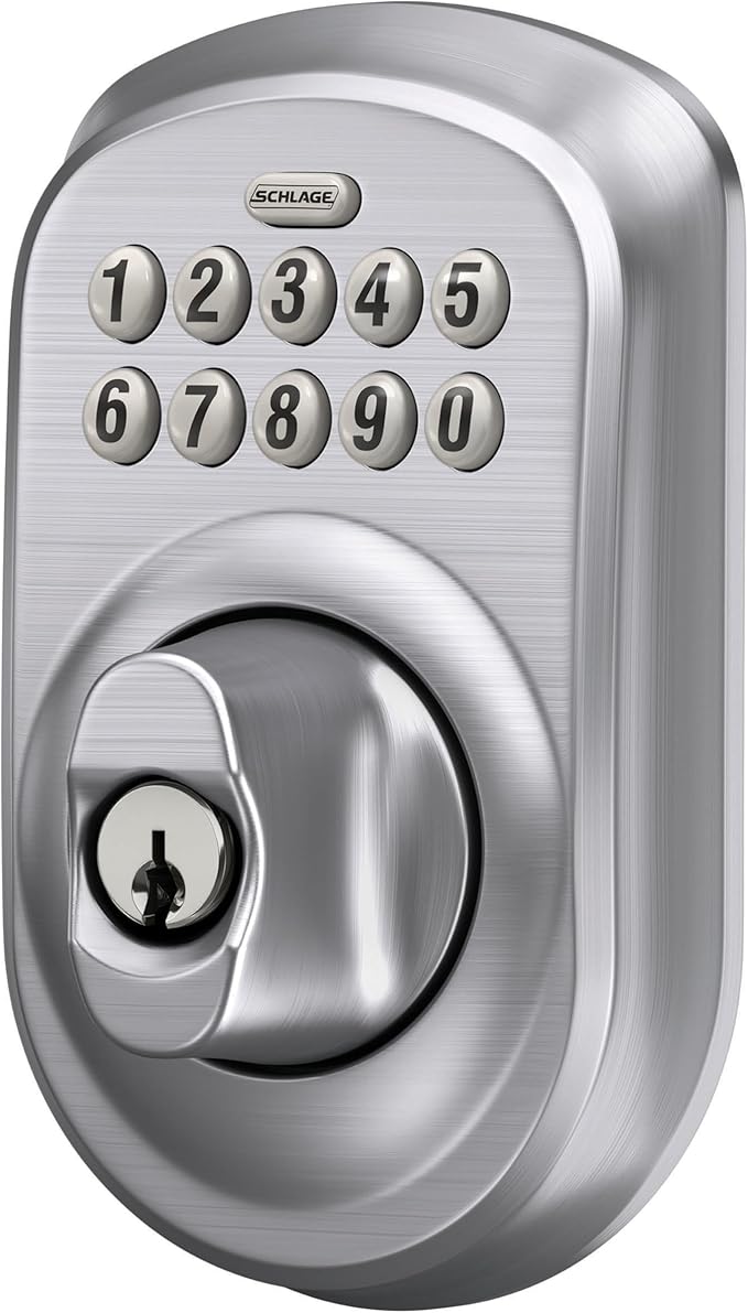 Schlage BE365 PLY 626 Plymouth Keypad Deadbolt, Electronic Keyless Entry Lock, Satin Chrome