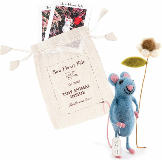 | Hand-Felted Pretty Blue Mouse with Flower | Organic Wool Home Decor | Fair Trade Plush Animal Ornament | Gift for Any Occasion | Perfect for New Spaces & Home Accessories