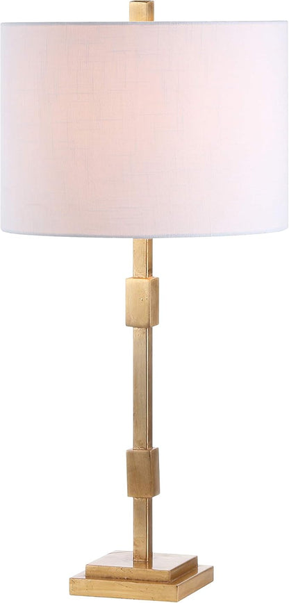 JONATHAN Y 29" Gold Leaf Modern Geometric Column LED Table Lamp, Transitional Iron Desk Lamp for Living Room Bedroom, White Linen Drum Shade, UL Listed, LED Bulb Included JYL3037A