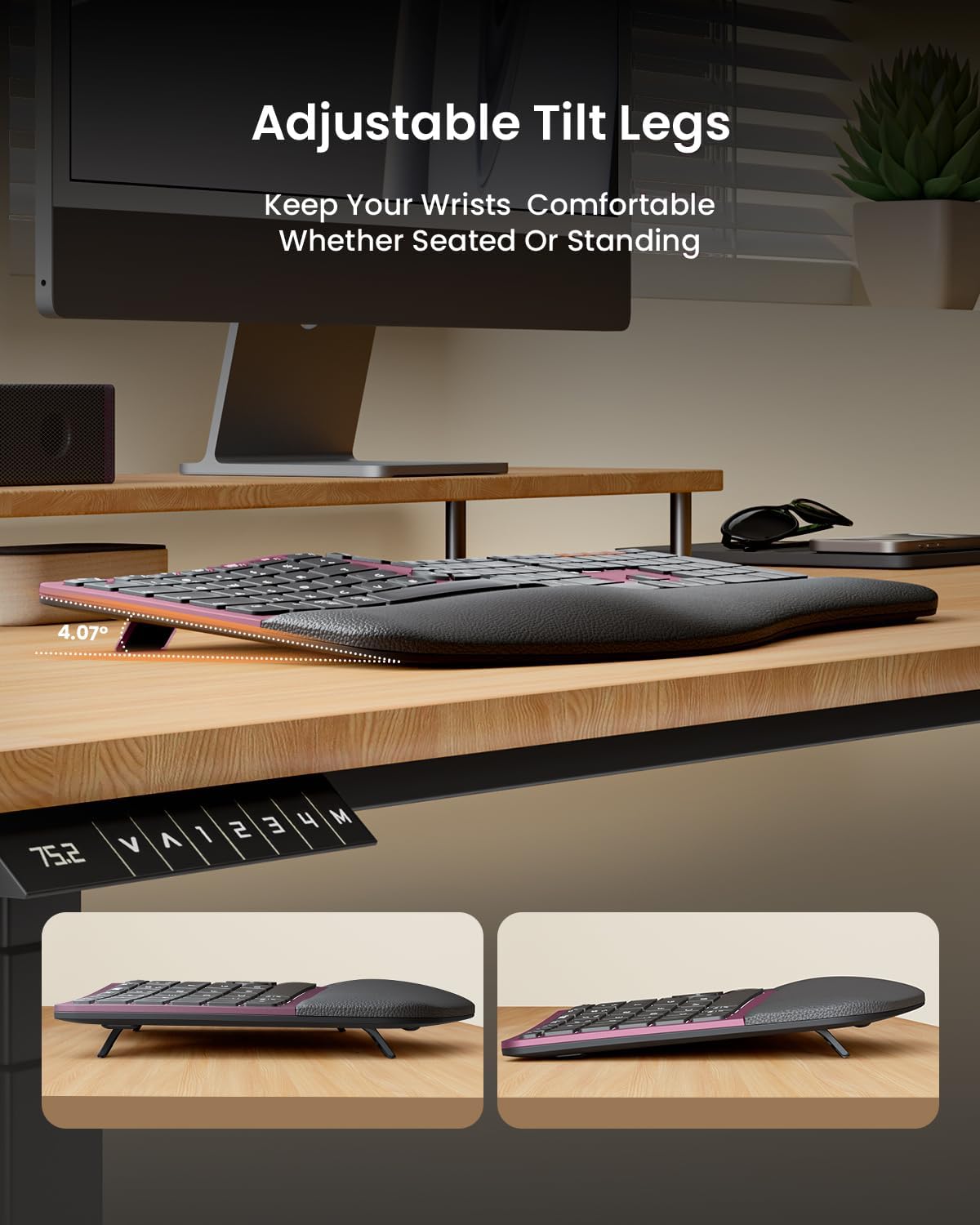 ProtoArc Ergonomic Wireless Keyboard Mouse, EKM01 Plus Full Size Ergo Bluetooth Keyboard Mouse Combo, Split Design, Wrist Rest, Multi-Device, Rechargeable, for Windows/Mac OS - Wine Red