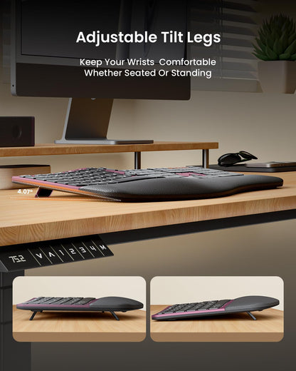 ProtoArc Ergonomic Wireless Keyboard Mouse, EKM01 Plus Full Size Ergo Bluetooth Keyboard Mouse Combo, Split Design, Wrist Rest, Multi-Device, Rechargeable, for Windows/Mac OS - Wine Red