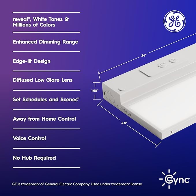 Cync GE Reveal HD+ Smart LED Undercabinet Bar Light, 24in, Color Changing & Tunable White 2000K to 7000K, Wi-Fi, Works with Alexa & Google Home, Plug-in or Direct Wire, No Hub Required