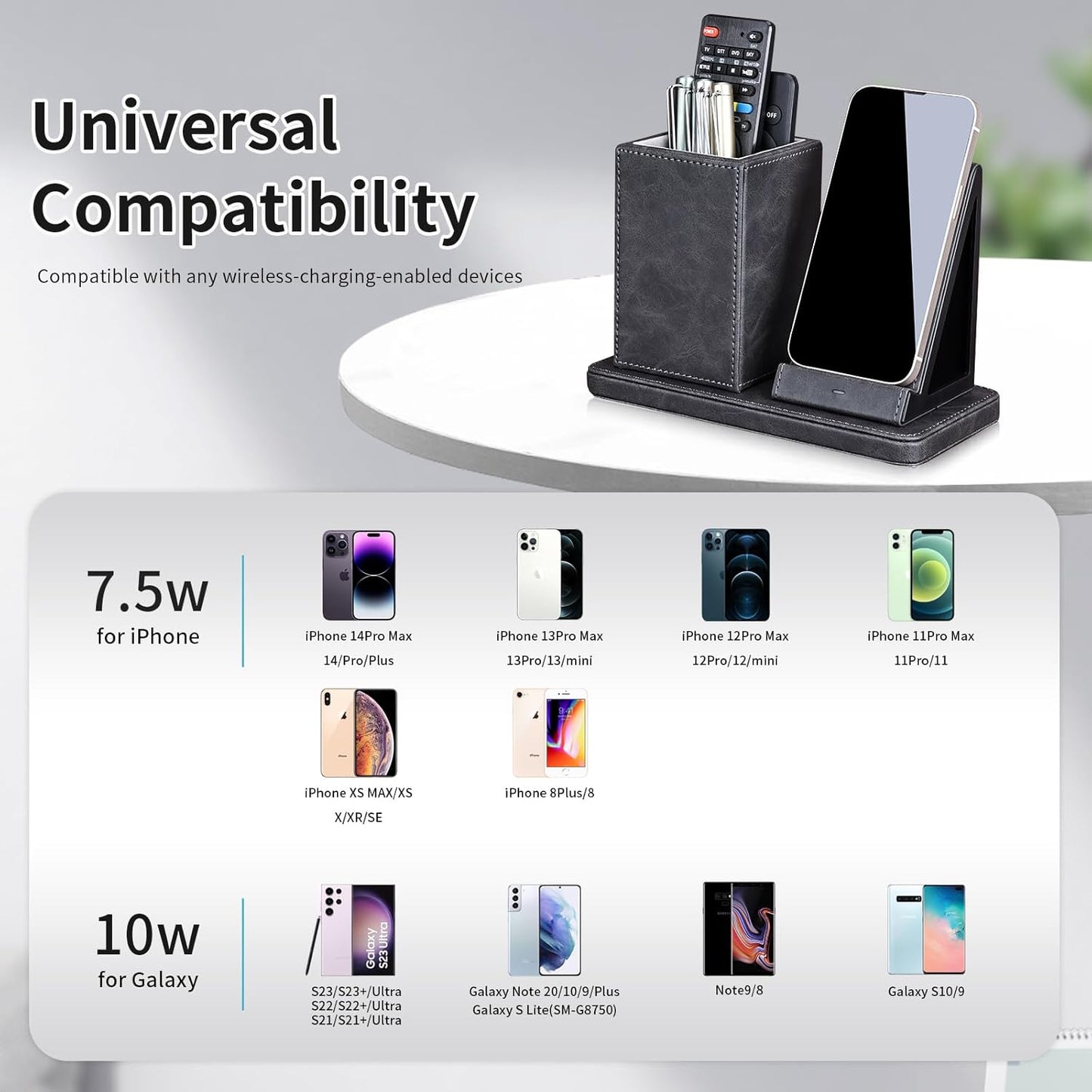 Wireless Charger with Desk Organizer, Wireless Charging Station for iPhone 13/13 Pro Max/13 Pro/12 Series/11/XS Max/XR/X/8Plus/SE 2, Wireless Charging Stand with Leather… (Gray)