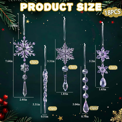 18pcs Crystal Christmas Ornaments for Christmas Tree Decorations-Purple Hanging Acrylic Snowflake and Icicle Ornaments with Drop Pendants for New Year Party Decorations Supplies