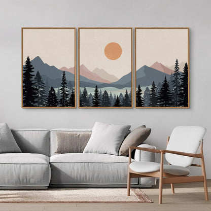 Tinonedraw Boho Mountain Framed Canvas Wall Art Set of 3, Watercolor Nature Landscape Art Prints, Modern Sunrise Art Paintings, Black Pines Tree Forest Wall Decor for Living Room Bedroom Office 16"x24"x3