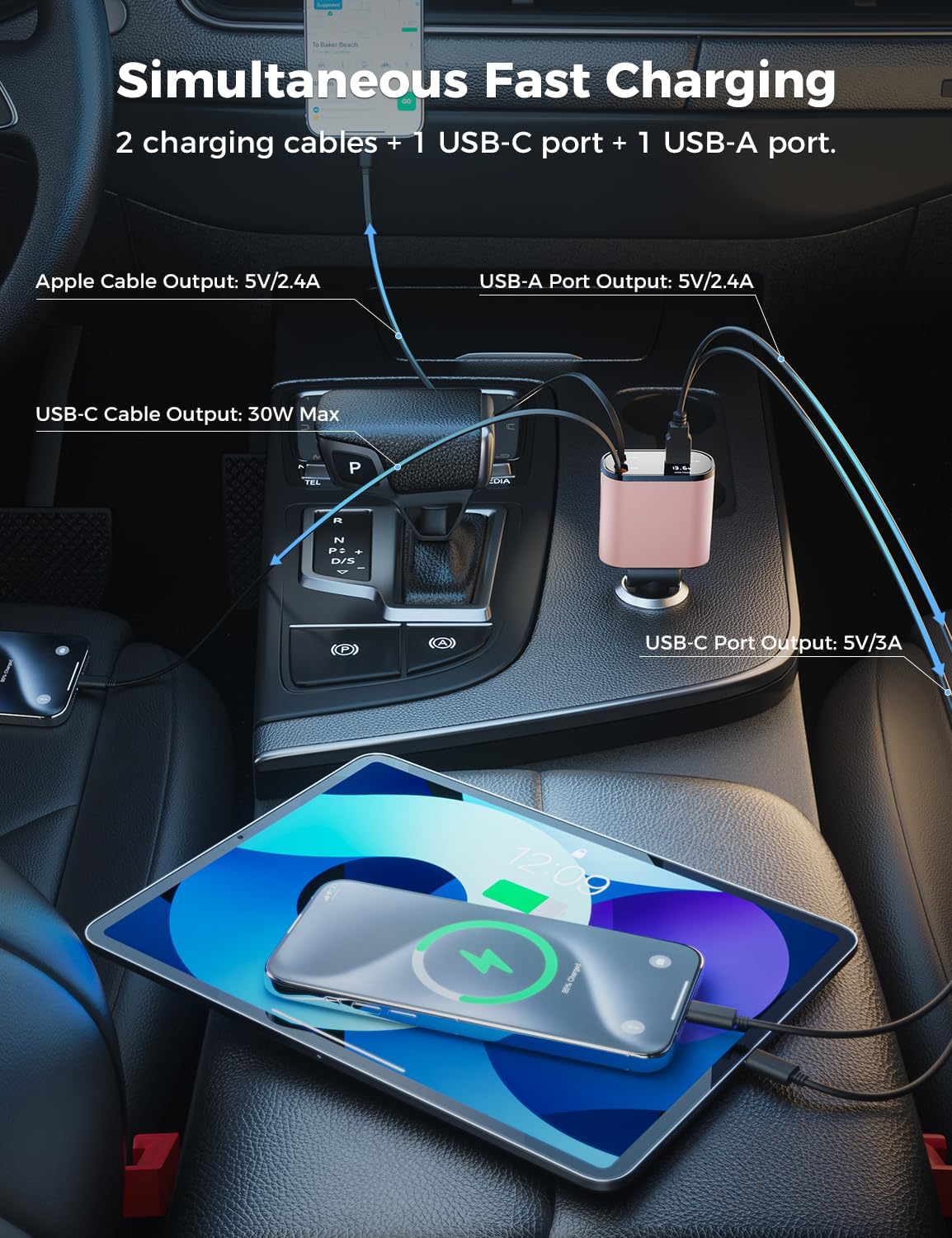 【Upgraded】 SUPERONE Retractable Car Charger 4 in 1, Fast Car Phone Charger with Cord 2.6ft, USB C Car Charger Adapter, Compatible with iPhone 15/15 Pro Max/14/13/12/11, Galaxy, Pixel