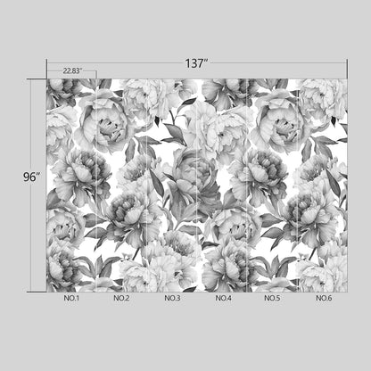 Grey Peony Floral Wallpaper Peel and Stick Wall Mural for Bedroom Living Room - 96"x137"