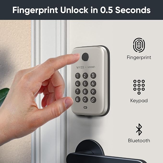 Wyze Auto-Lock Bolt, Fingerprint Keyless Entry Door Smart Bluetooth Deadbolt Replacement, Backlit Keypad, IPX5 Weatherproof, in-App History and Scheduled Access, BHMA, UL 20-Min Fire Rated