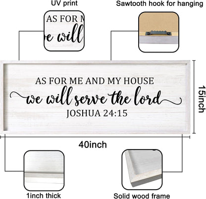 As For Me And My House We Will Serve The Lord Framed Wall Art, 40''×15'' Positive Religious Rustic Bible Verse for Christian God Jesus Christ Prayer, Vintage Horizontal Holy Catholic Scripture Decor