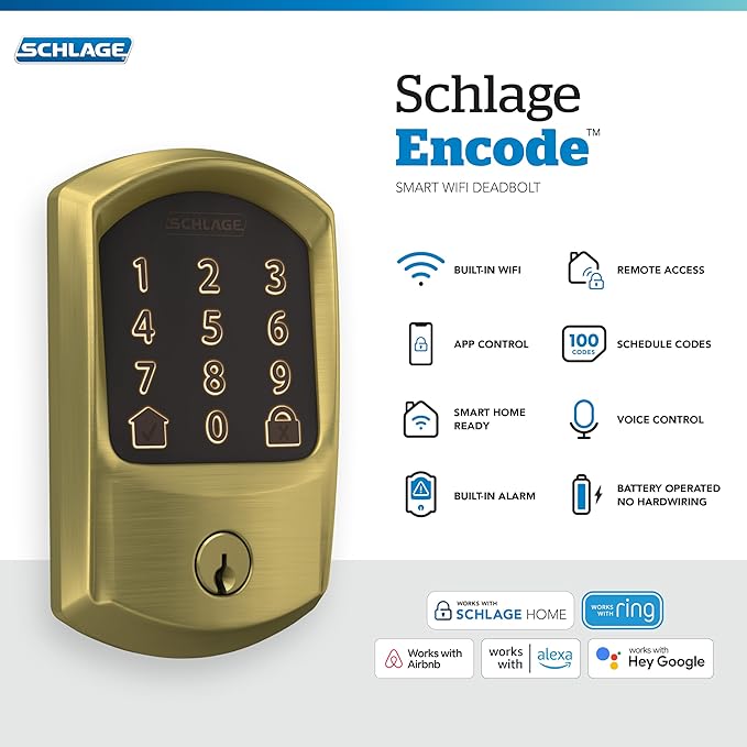 Schlage Encode Smart WiFi Deadbolt Lock for Front Door - Keyless Entry with App or Touchscreen - Works with Alexa, Hey Google, & Airbnb - Create Codes for Guests - Satin Brass