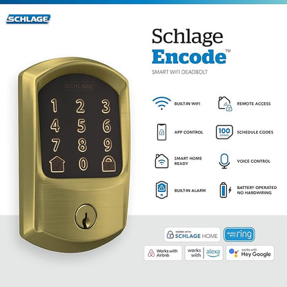Schlage Encode Smart WiFi Deadbolt Lock for Front Door - Keyless Entry with App or Touchscreen - Works with Alexa, Hey Google, & Airbnb - Create Codes for Guests - Satin Brass