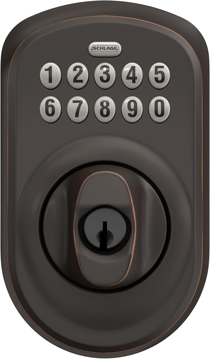 Schlage BE365 PLY 716 Plymouth Keypad Deadbolt, Electronic Keyless Entry Lock, Aged Bronze