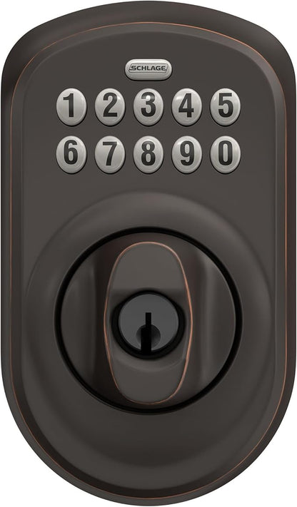 Schlage BE365 PLY 716 Plymouth Keypad Deadbolt, Electronic Keyless Entry Lock, Aged Bronze