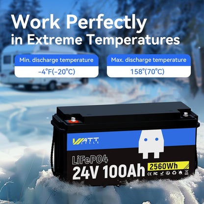 24V 100Ah LiFePO4 Lithium Rechargeable Battery, Max.2560Wh, Built-in 100A BMS, A+ Cells, Low-Temperature Protection, Higher Power Output Efficiency - Ideal for RVs, Other 24V Equipment