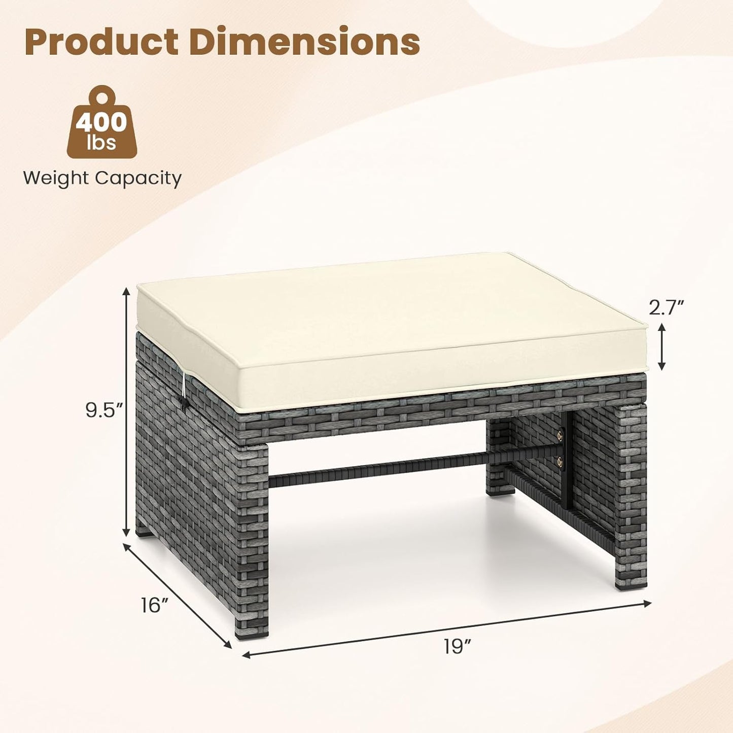 Tangkula 2 Pieces Patio PE Rattan Ottomans, Multipurpose Outdoor Footstool Footrest Additional Seating Side Table with Soft Zippered Cushions for Deck, Garden, and Yard (White)