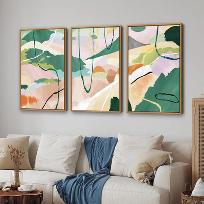 Tinonedraw Colorful Abstract Framed Canvas Wall Art Set of 3, Green and Pink Oils Inks Artwork, Neutral Modern Minimalist Wall Decor for Living Room, Bedroom, Office 16"x24"