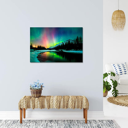 Aurora Borealis Canvas Wall Art Northern Lights Canvas Print Painting for Living Room Snowy-Mountains-Landscape Poster Picture Wooden Framed Prints Ready to Hang (24.00"x36.00")