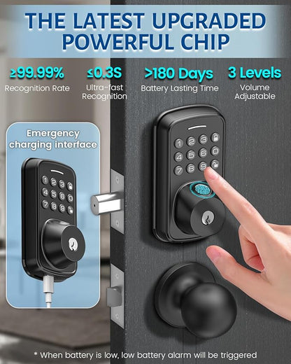 Keyless Entry Door Lock with Handle Set, Smart Door Lock with Fingerprint, 5 in 1 Unlock, Auto Lock Biometric Fingerprint Door Lock for Front Door, Easy Installation (Black)