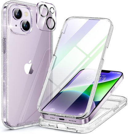 Miracase Designed for iPhone 14 Case 6.1 inch, [Built-in Tempered Glass Screen Protector] [Bubble Free] Full-Body Protective Bumper Phone Case with Camera Lens Protector, Clear Glitter