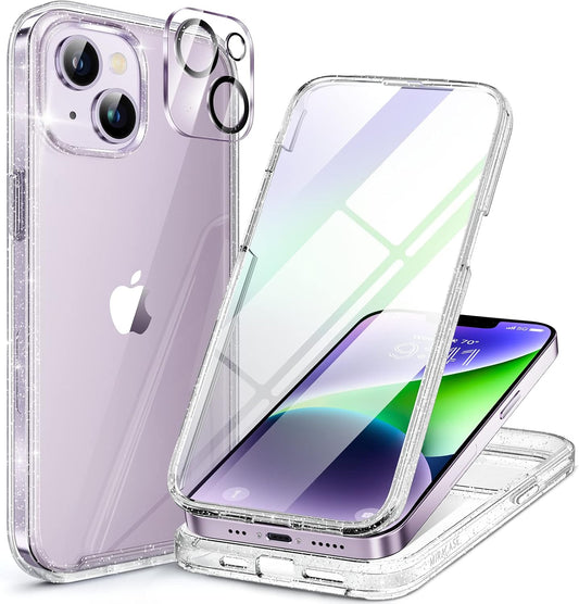 Miracase Designed for iPhone 14 Case 6.1 inch, [Built-in Tempered Glass Screen Protector] [Bubble Free] Full-Body Protective Bumper Phone Case with Camera Lens Protector, Clear Glitter