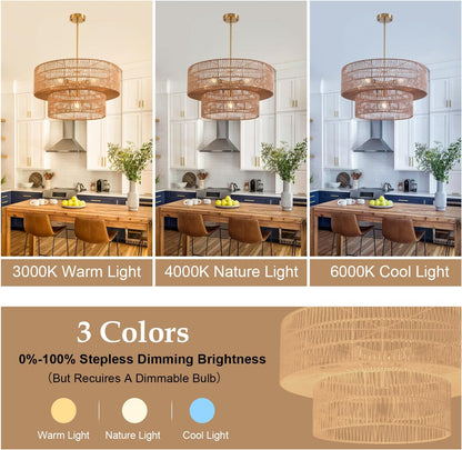 23.62" 6-Light Rattan Farmhouse Chandelier, Boho Large Pendant Light, Large Wicker Chandelier Light Fixtures, Hand Woven Chandeliers, for Dining Room