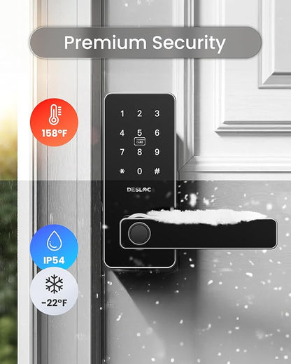 DESLOC B200L Fingerprint Smart Lock with Handle, Keyless Entry Door Locks for Front Door and Bedrooms, App Control, Touchscreen Keypad, Auto-Lock, 12-Month Battery, Emergency Power Port, IP54 Silver