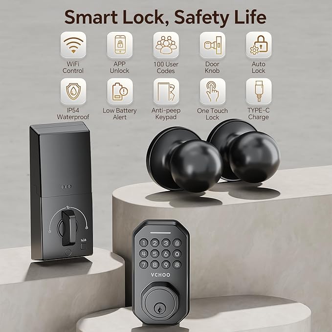 Keyless Entry Door Lock Set WiFi Smart App Control Door Lock for Front Door Keypad Deadbolt with 2 Knobs Auto Lock One Time Codes Easy Install, Black