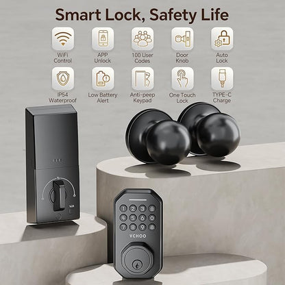 Keyless Entry Door Lock Set WiFi Smart App Control Door Lock for Front Door Keypad Deadbolt with 2 Knobs Auto Lock One Time Codes Easy Install, Black