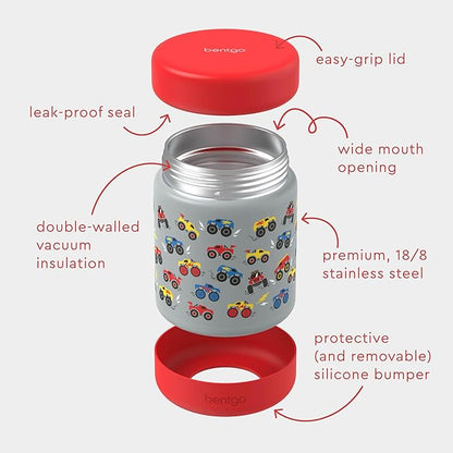 Bentgo Kids Stainless Steel Food Jar - 11oz Leak-Proof Double Insulated Hot or Cold Food Container with Removable Silicone Bumper, Dishwasher Safe, Easy Open Lid, Ages 3+ (Trucks)