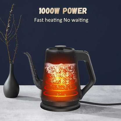 Gooseneck Electric Kettle 1.0L, 1000W Quick Heat-Up In 3 Min, 100% Stainless Steel Tea Kettle, Pour Over Coffee Kettles For Office/Travel/Kitchen, Auto Shut-Off Protection, Black Star Design, BPA-Free
