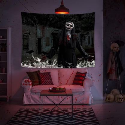 QGHOT Halloween Tapestry, Gothic Horror Movie Tapestry Wall Hanging Spooky Halloween Backdrop Creepy Scary Nun Haunted House Wall Decor for Bloody Party Decorations (90.6"x70.9")