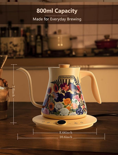 0.8L/27oz Gooseneck Electric Kettle - ±1℉ Precise Temperature Control for Pour Over Coffee & Tea, 1200W Fast Heating, Auto Shut-Off, Built-in Brew Timer, BPA-Free Stainless Steel, Floral