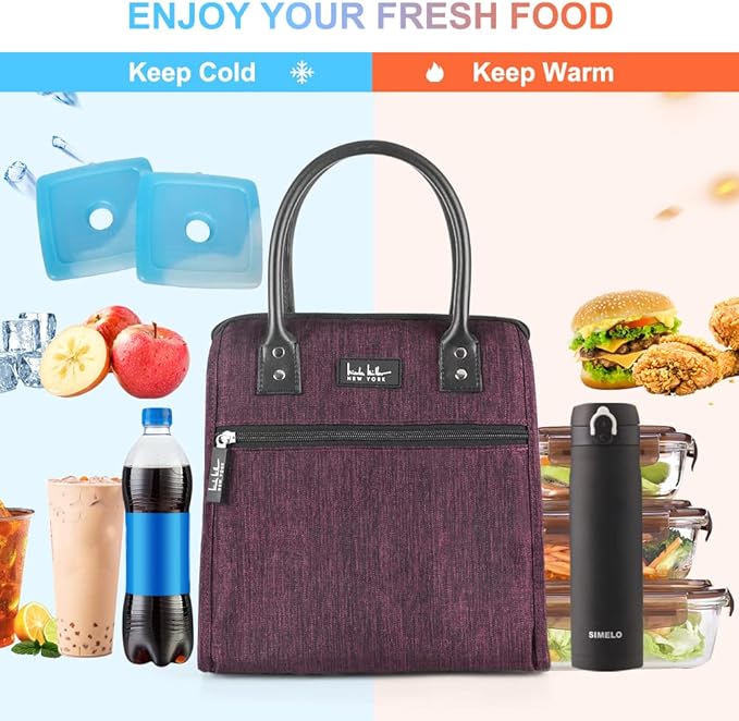 Nicole Miller Insulated Lunch Bag Tote Thermal Soft Side Wide-Open Cooler Ice Bag Lunch Box for Food with Drink Bottle Holder