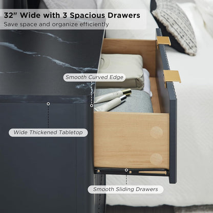 T4TREAM 32" Tall Fluted Nightstand Set of 2, Modern Side Table with Faux Marble Top, 3 Drawers End Table w/Storage, Bedside Table for Bedroom, Living Room, Curved Profile Design, Dark Grey