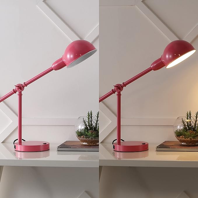 JONATHAN Y 20.25" Pink Vintage Industrial Iron Adjustable Task Lamp with USB Charging Port for Office Desk, Metal Yellow Dome Shade, LED Bulb Included (JYL7123D)