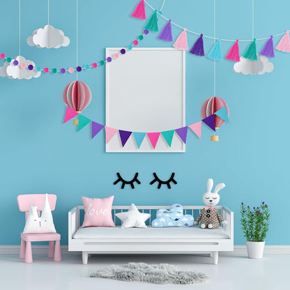 Irenare 9.8 ft Pom Pom Garland Felt Colorful Tassel Banner Christmas Party Pompoms Garland Decorations Felt Pennant Banner for Classroom Home Mantel Fireplace Birthday(Mermaid Colors)