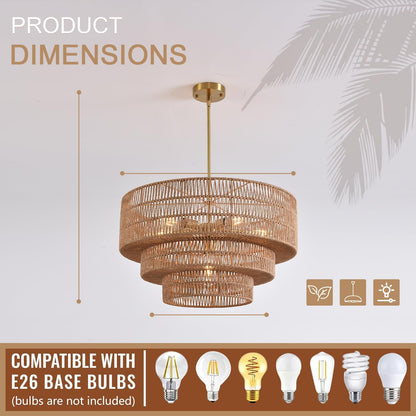 Boho Rattan Chandelier, 6-Light Dining Room Light Fixture,23.62" Wicker Pendant Lighting with3-Tier Woven Lampshade, Large Farmhouse Chandeliers for Kitchen