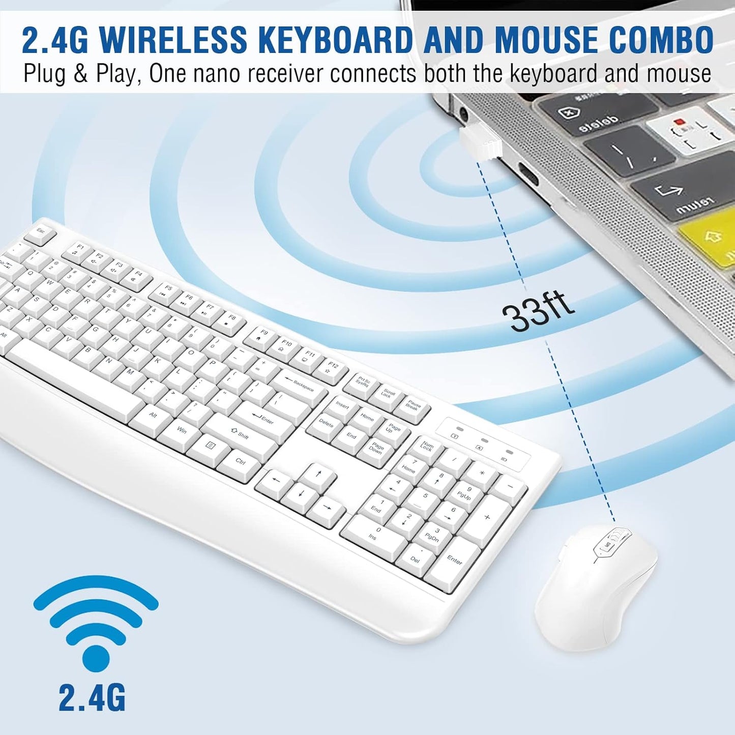 Wireless Keyboard and Mouse Combo, EDJO Full-Sized Ergonomic Computer Keyboard with Wrist Rest and 3 Level DPI Adjustable Wireless Mouse for Windows, Mac OS Desktop/Laptop/PC (White)