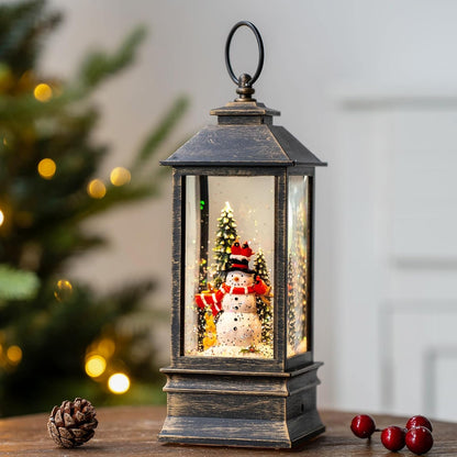 Christmas Snow Globes (11 Inch, Square-Snowman), Black Brush Gold
