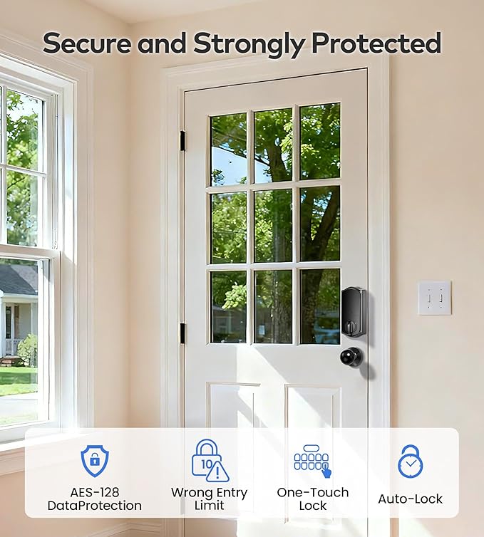 TEEHO TE012W-K WiFi Smart Keyless Entry Door Lock with Handle, Fingerprint Door Knob & Digital Keypad, APP Remote Control, Works with Alexa & Google, Electronic Deadbolt for Front Door, Matte Black