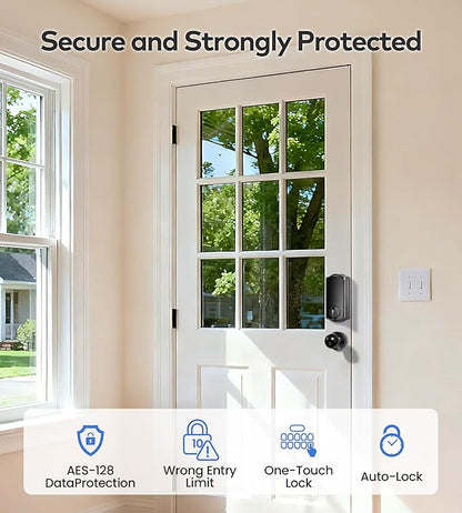 TEEHO TE012W-K WiFi Smart Keyless Entry Door Lock with Handle, Fingerprint Door Knob & Digital Keypad, APP Remote Control, Works with Alexa & Google, Electronic Deadbolt for Front Door, Matte Black