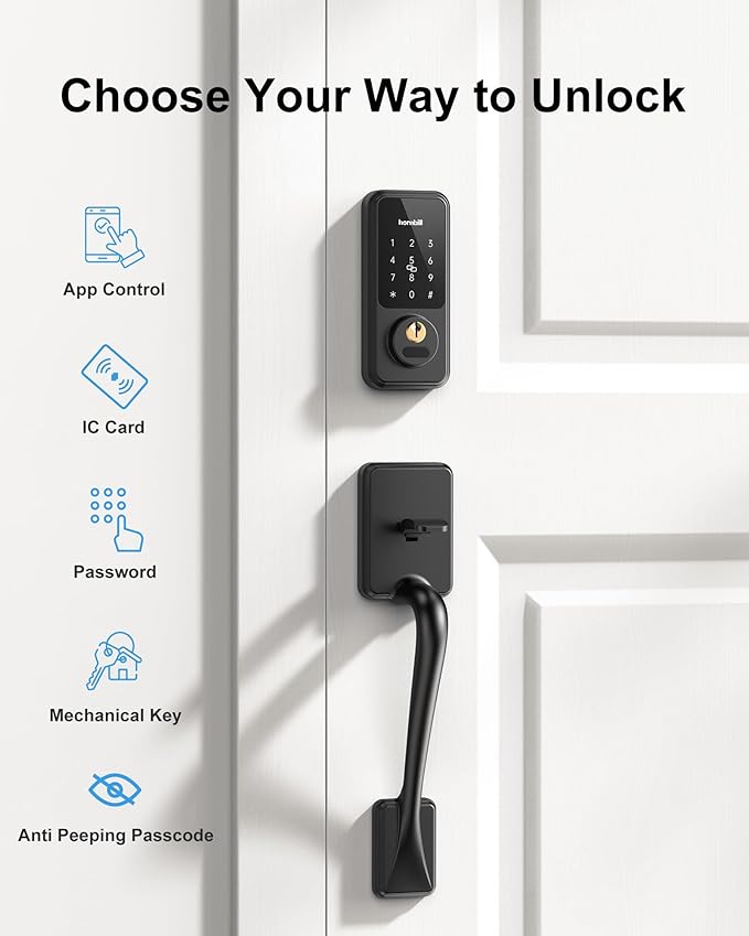 Smart Keyless Entry Door Lock with Handle, Hornbill Front Door Lock Set, Keypad Code Deadbolt with Lever, Digital Touchscreen via Alexa/Bluetooth/Keyfob/Key