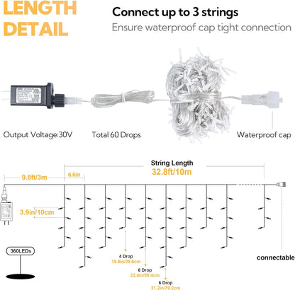 Hopolon 33FT 360L LED Christmas Icicle Lights Outdoor Waterproof,8 Modes Plug in Curtain String LIghts With 60 Drops,Christmas Lights for Wedding,Party,Bedroom,Home,Garden,Wall Decorations(Warm White)
